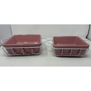 Pink Ribbon Ceramic Baking Dishes With White Ribbon Design Metal Holders & Lids